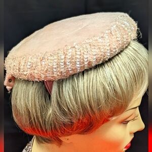 Sweet Pink Velvet Pillbox Hat, 1950s Doris Day-Inspired, Ear Tabs + Sequins